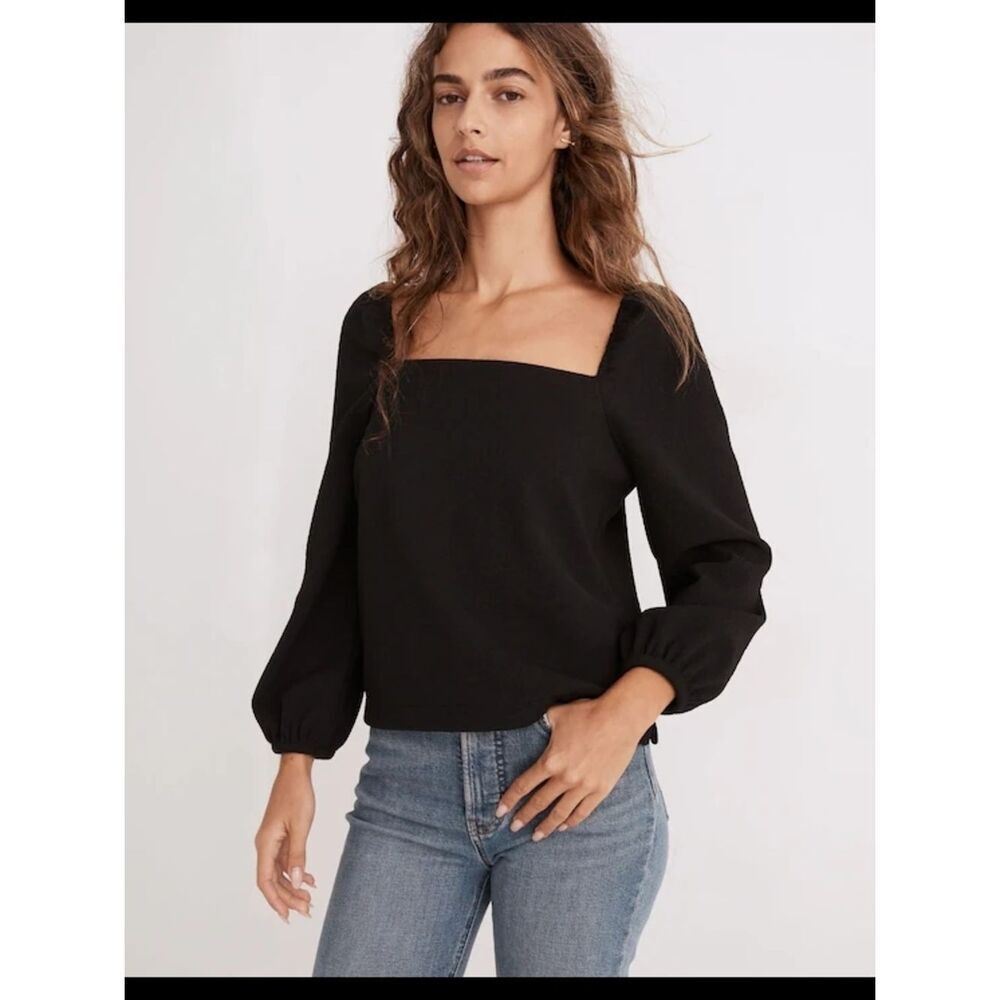 Madewell Black Square-Neck Puff Sleeve Top Size Small